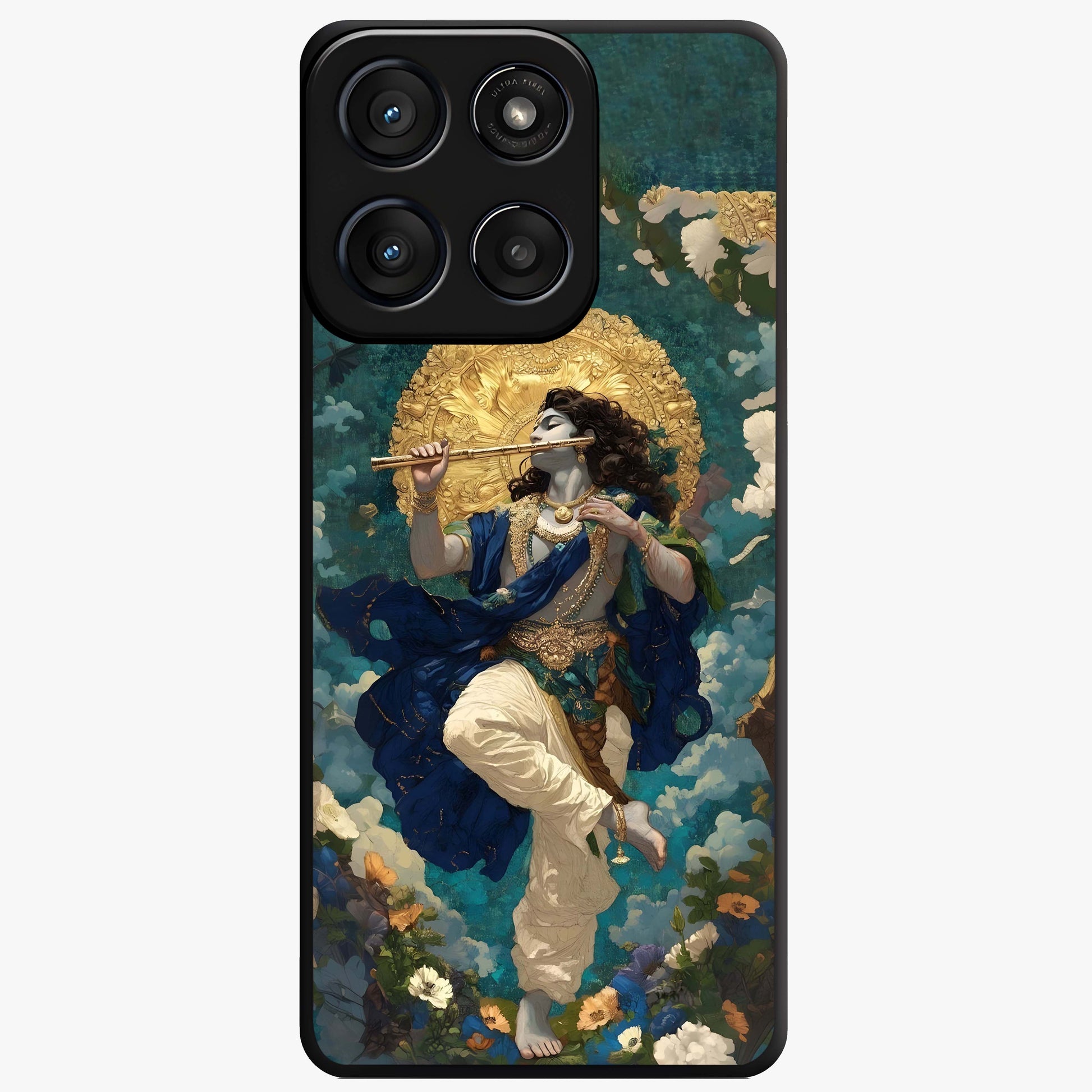 Divine Krishna Art Glass Case showing flat back view with Lord Krishna artwork and glossy glass finish.