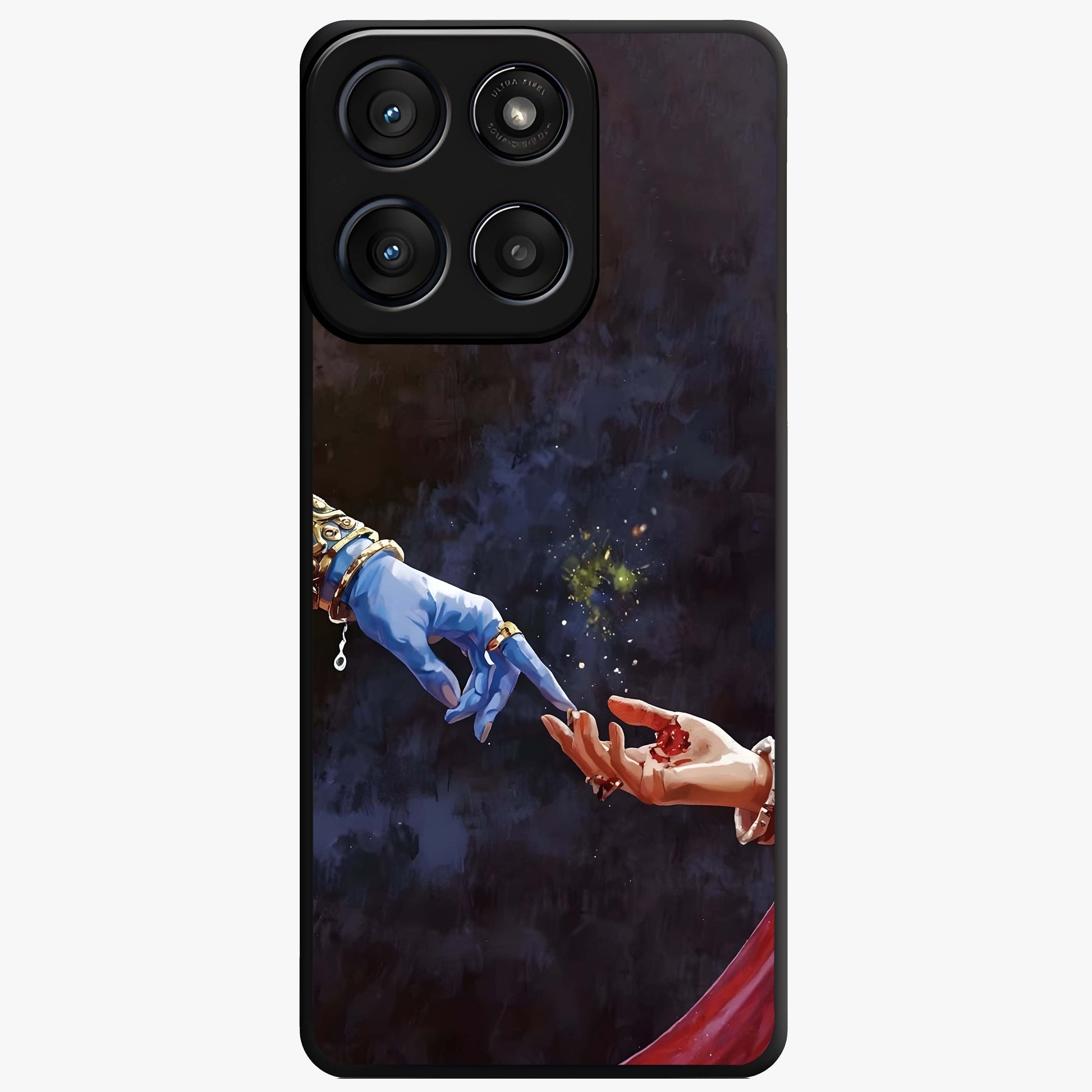 Divine Touch Eternal Glass Case showing flat back view with spiritual themed artwork and glossy glass finish.