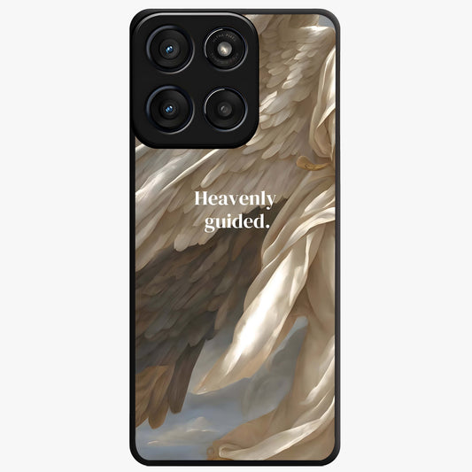 Divine Winged Grace Glass Case showing flat back view with elegant wing inspired artwork and glossy glass finish.