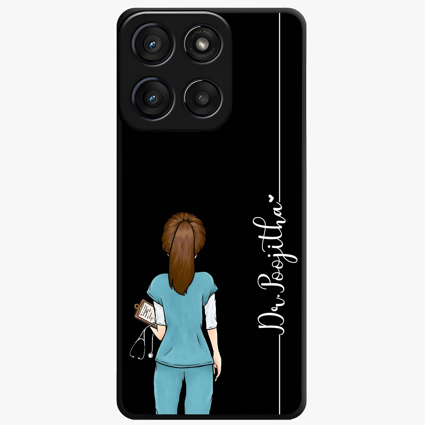Doctor Pattern Custom Name Glass Case showing flat back view with medical themed pattern and personalized name design.