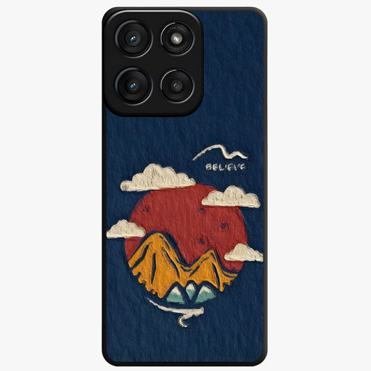 Dream Beyond Mountains Glass Case showing flat back view with scenic mountain landscape artwork and glossy glass finish.