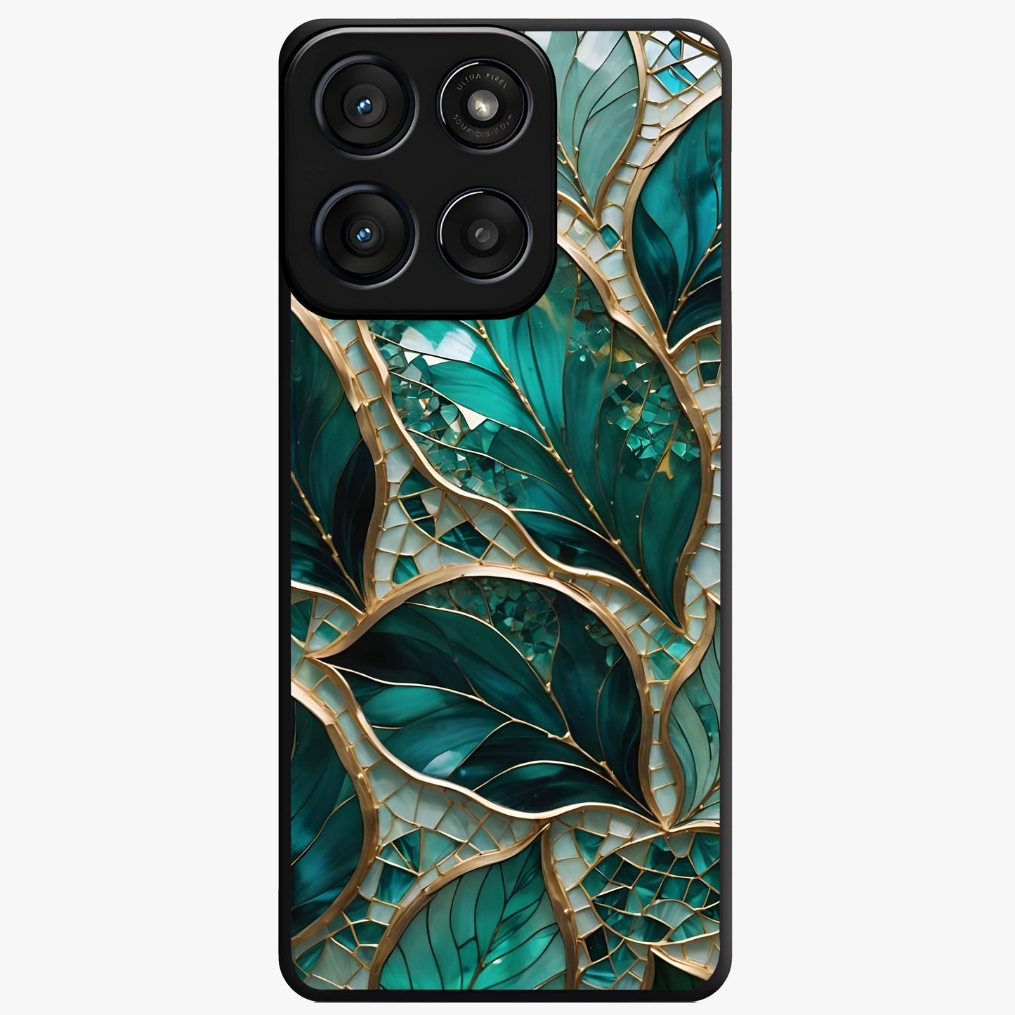 Emerald Leaf Glass Glass Case showing flat back view with emerald green leaf artwork and glossy glass finish.