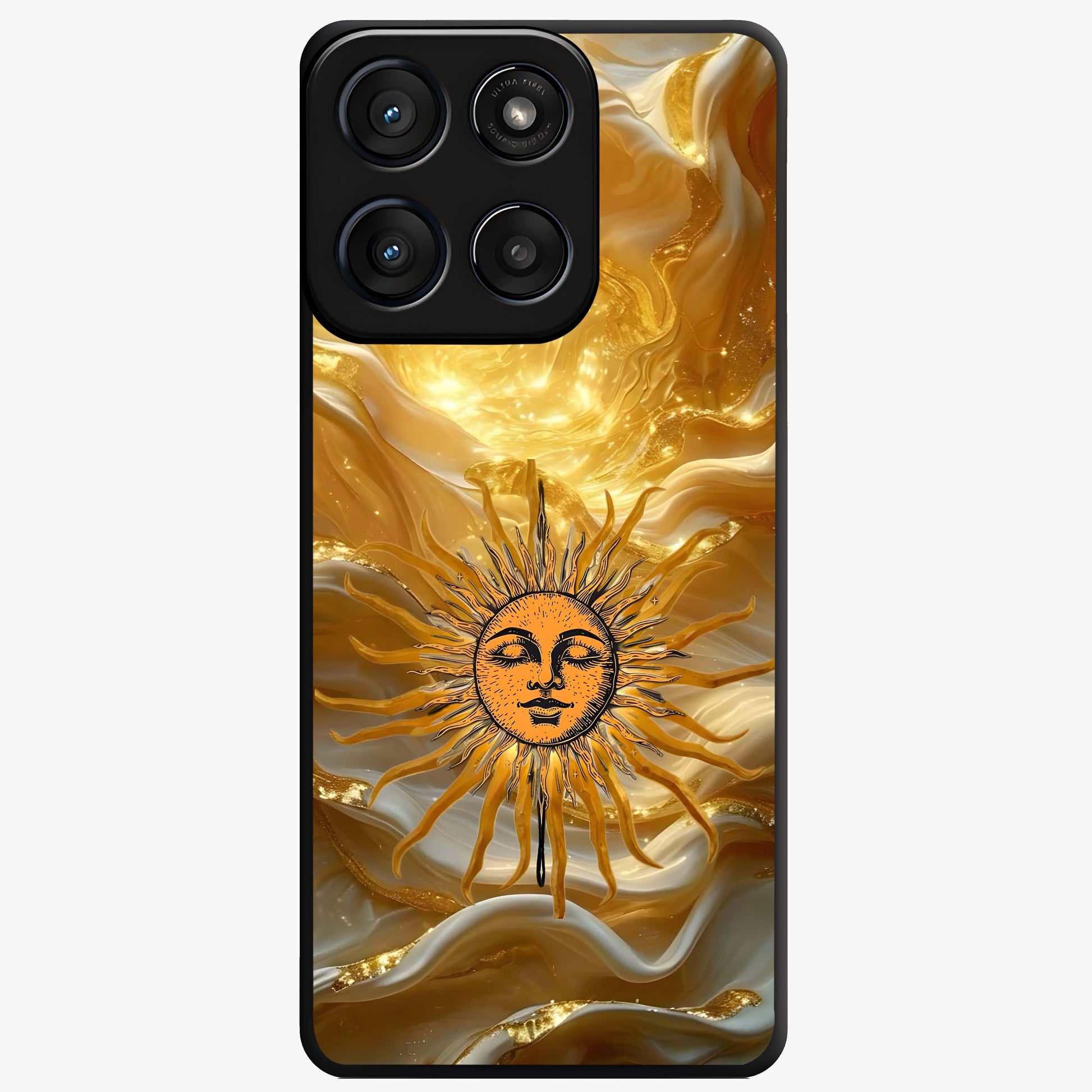 Eternal Golden Glow Glass Case showing flat back view with radiant golden themed artwork and glossy glass finish.