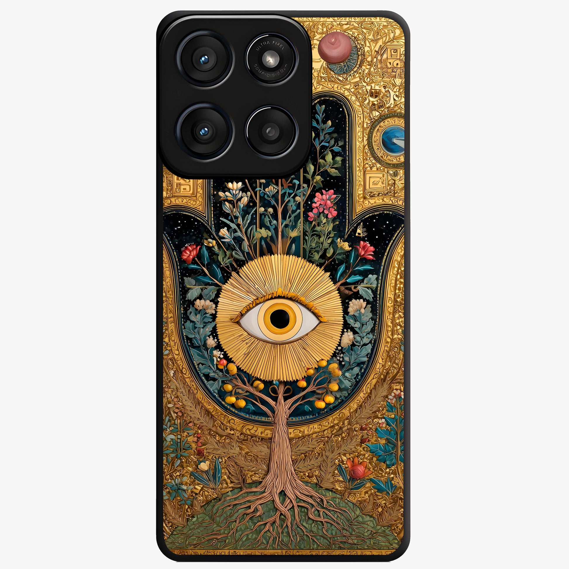Ethereal Evil Eye Glass Case showing flat back view with mystical evil eye artwork and glossy glass finish.