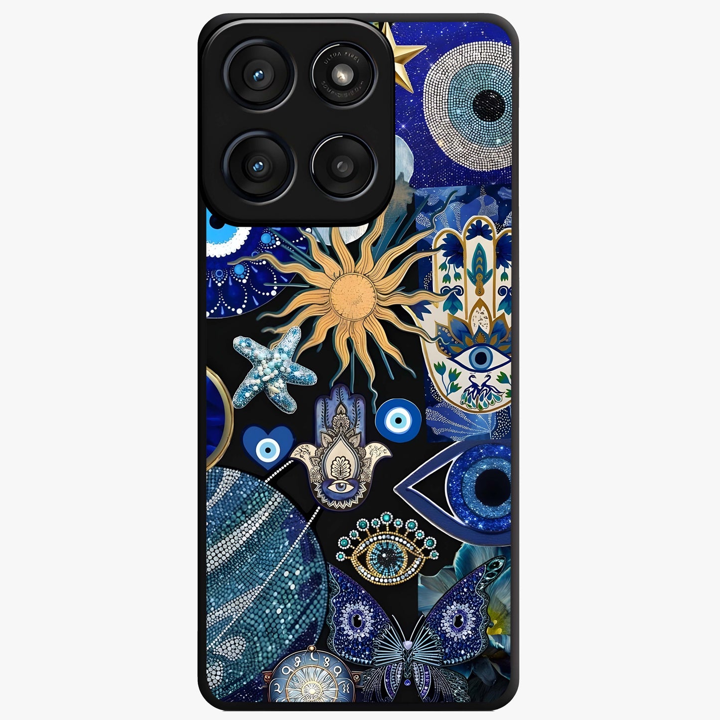 Evil Eye Charm Mix Glass Case showing flat back view with multiple evil eye charms artwork and glossy glass finish.