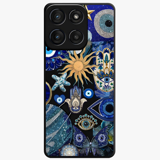 Evil Eye Charm Mix Glass Case showing flat back view with multiple evil eye charms artwork and glossy glass finish.