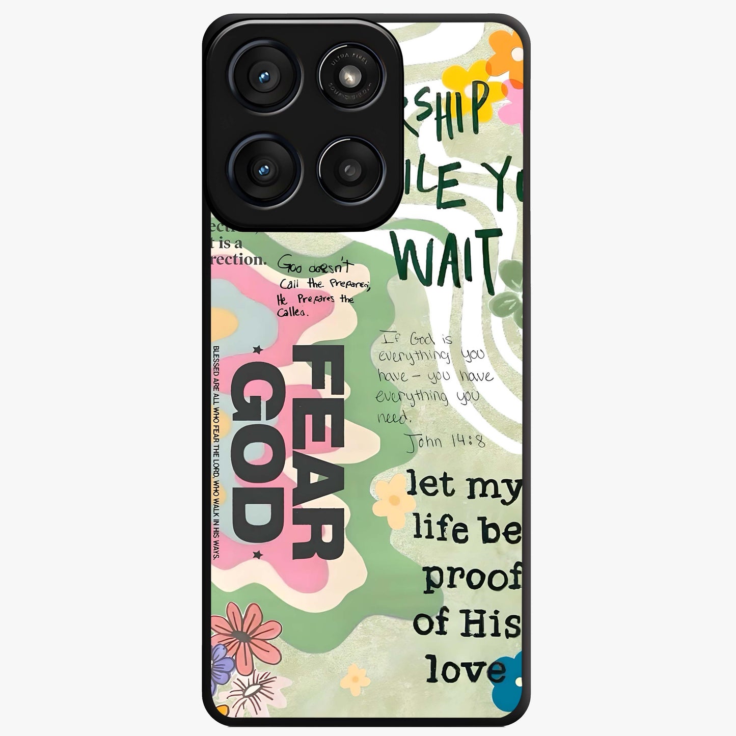Faith Over Fear Glass Case showing flat back view with motivational typography artwork and glossy glass finish.