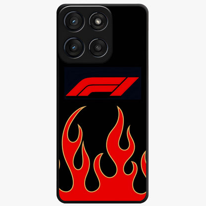 Fire F11 Glass Case showing flat back view with fiery themed artwork and glossy glass finish.