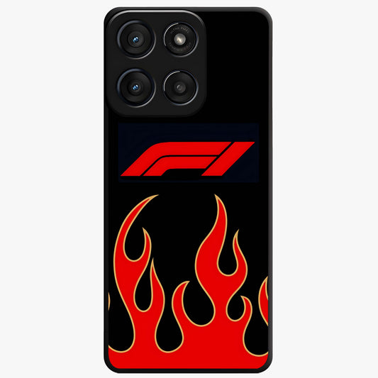 Fire F11 Glass Case showing flat back view with fiery themed artwork and glossy glass finish.
