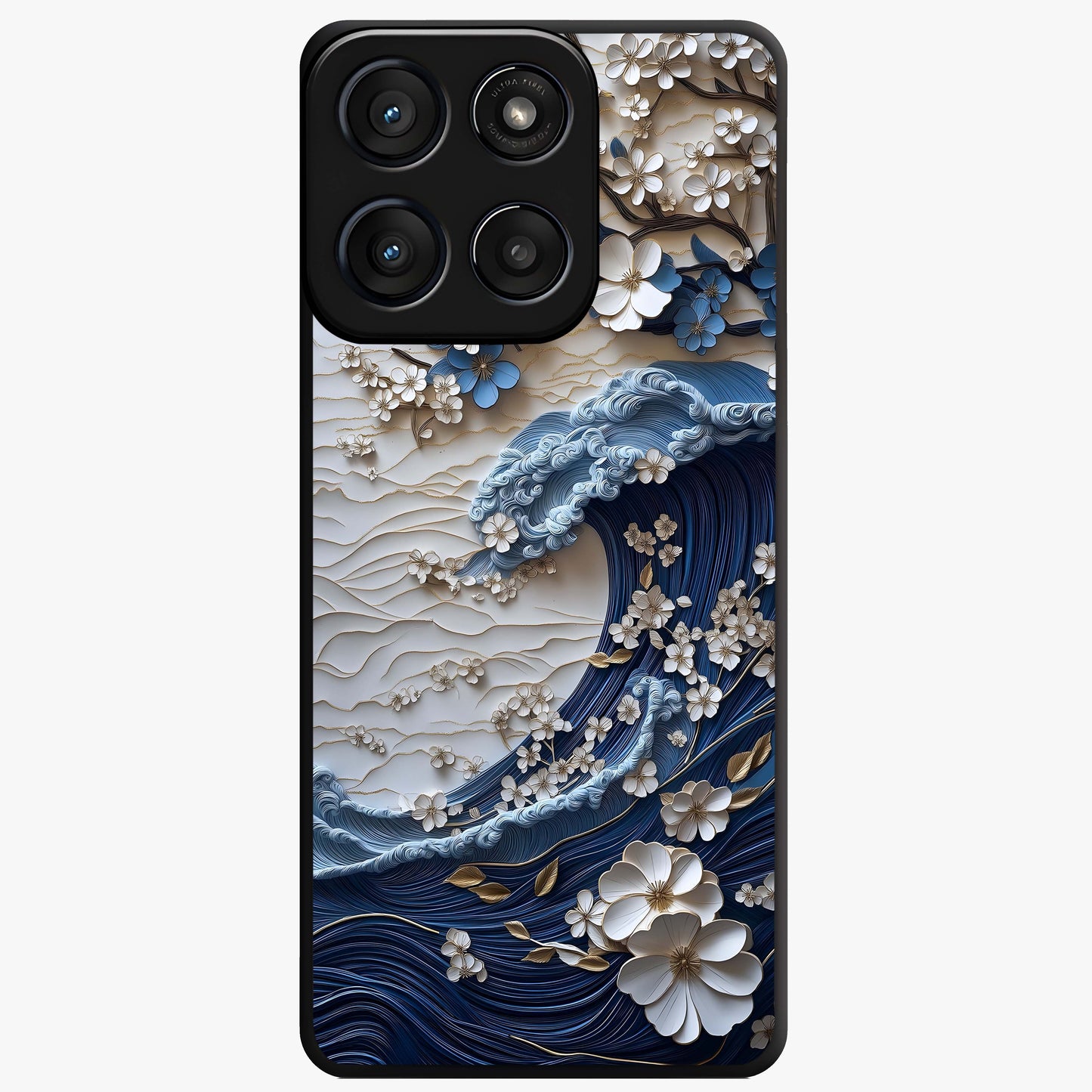 Floral Wave Origami Glass Case showing flat back view with origami inspired floral wave artwork and glossy glass finish.