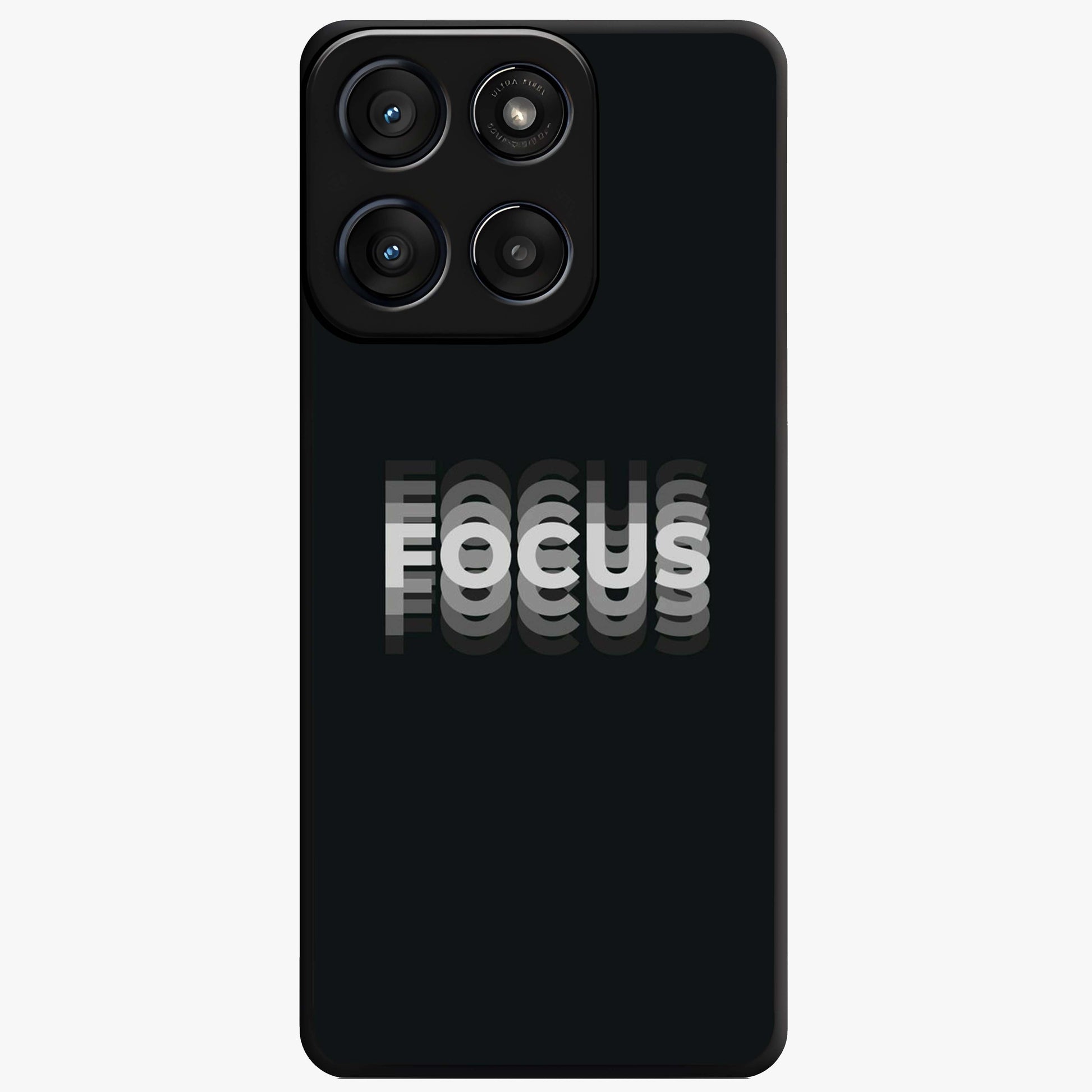 Focus Mode On Glass Case showing flat back view with bold motivational typography design and glossy glass finish.