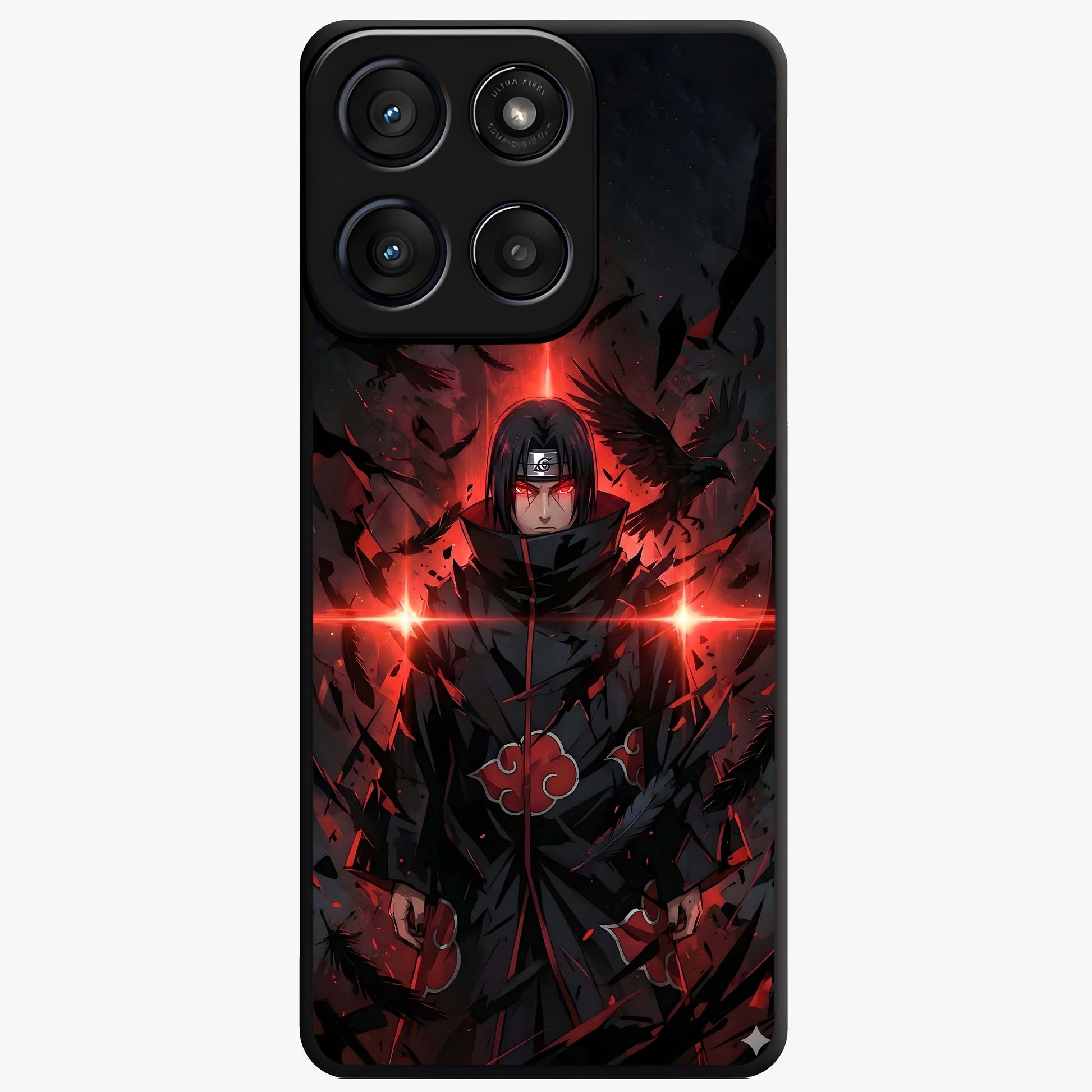 Focused Blade Discipline Glass Case showing flat back view with warrior sword themed artwork and glossy glass finish.