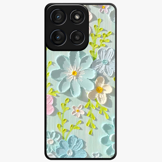 Frosted Petal Garden Glass Case showing flat back view with soft frosted floral artwork and glossy glass finish.