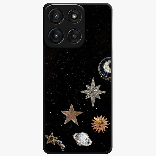 Galactic Charm Glow Glass Case showing flat back view with glowing celestial charm artwork and glossy glass finish.