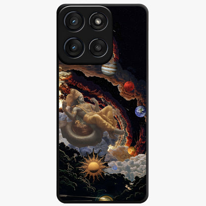 Galactic Divine God Glass Case showing flat back view with divine cosmic themed artwork and glossy glass finish.