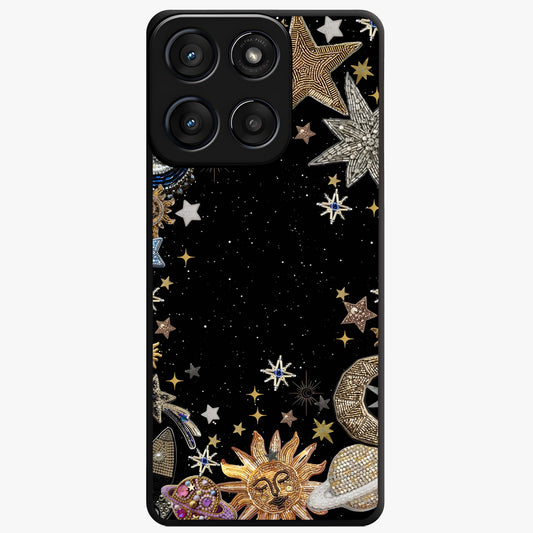 Galactic Jewel Stars Glass Case showing flat back view with sparkling star jewel artwork and glossy glass finish.