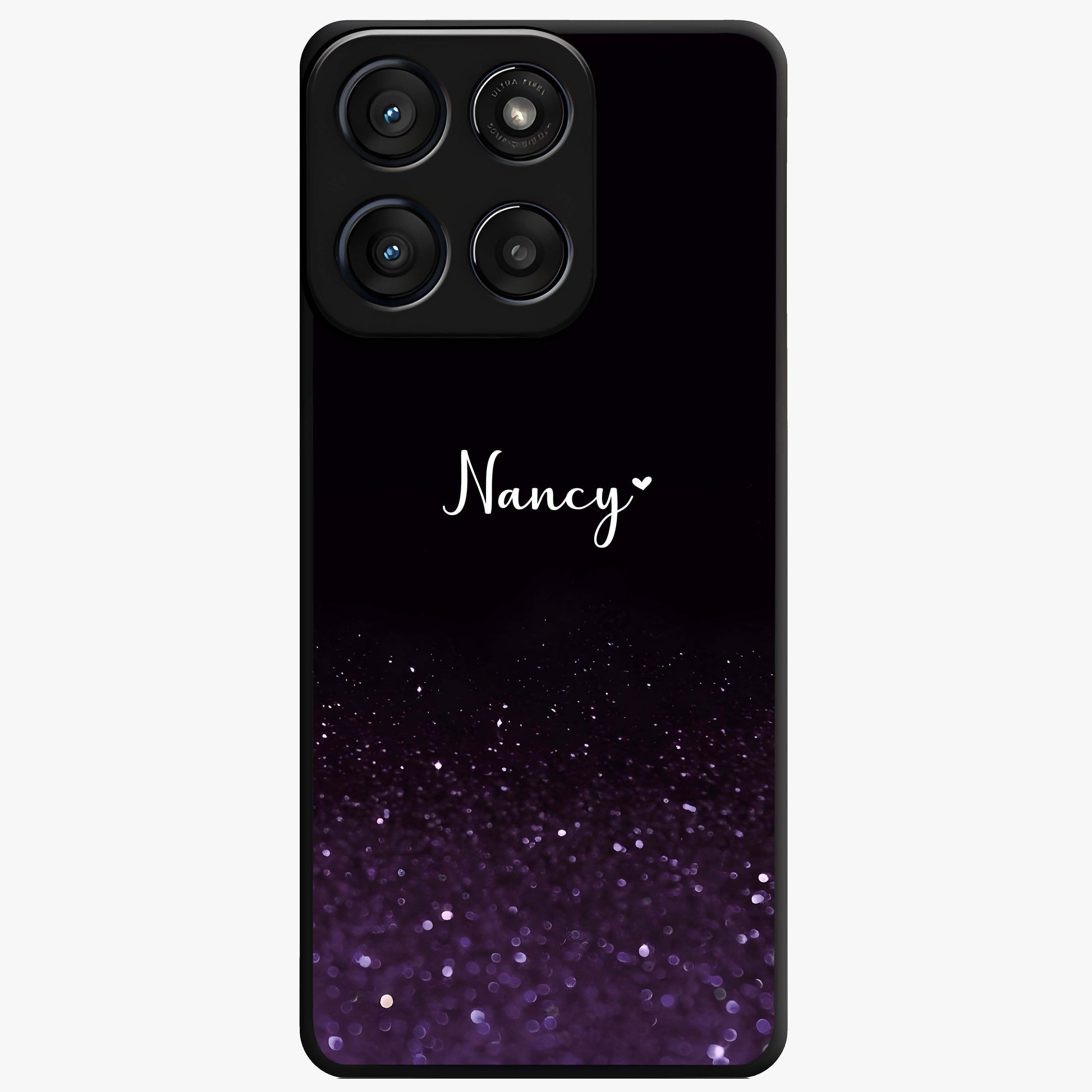 Glittery Purple Bokeh Custom Name Glass Case showing flat back view with purple bokeh sparkle artwork and personalized name design.