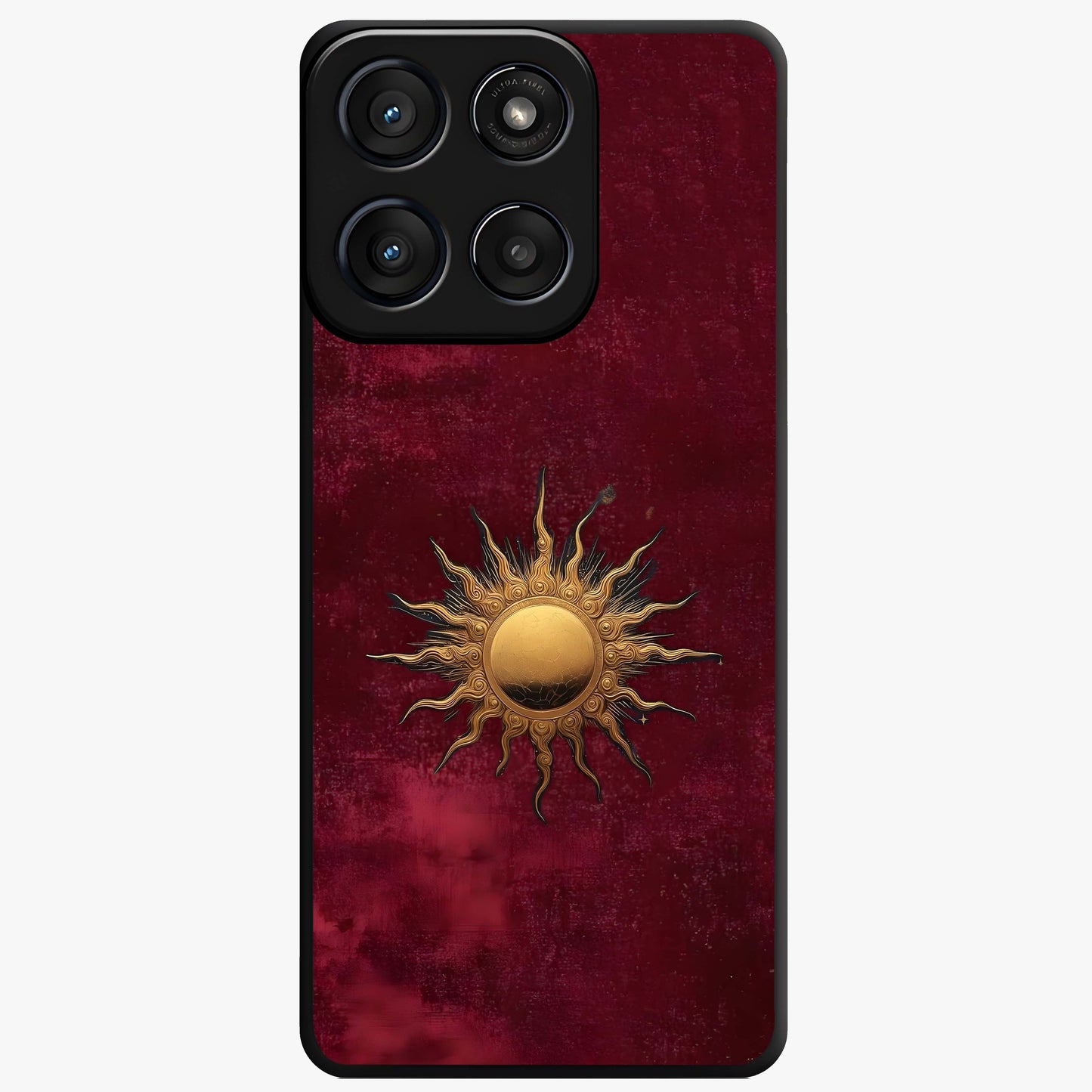 Gold Sun Blush Glass Case showing flat back view with golden sun inspired artwork and glossy glass finish.