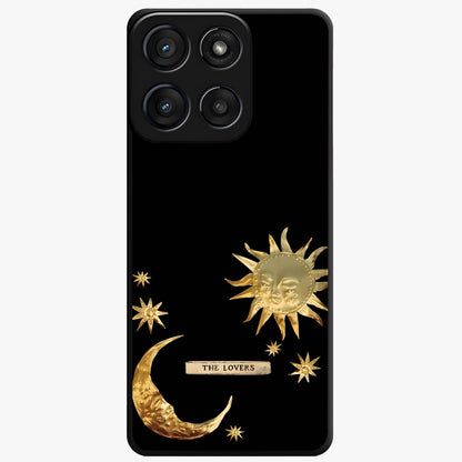 Golden Celestial Charm Glass Case showing flat back view with golden celestial charm artwork and glossy glass finish.