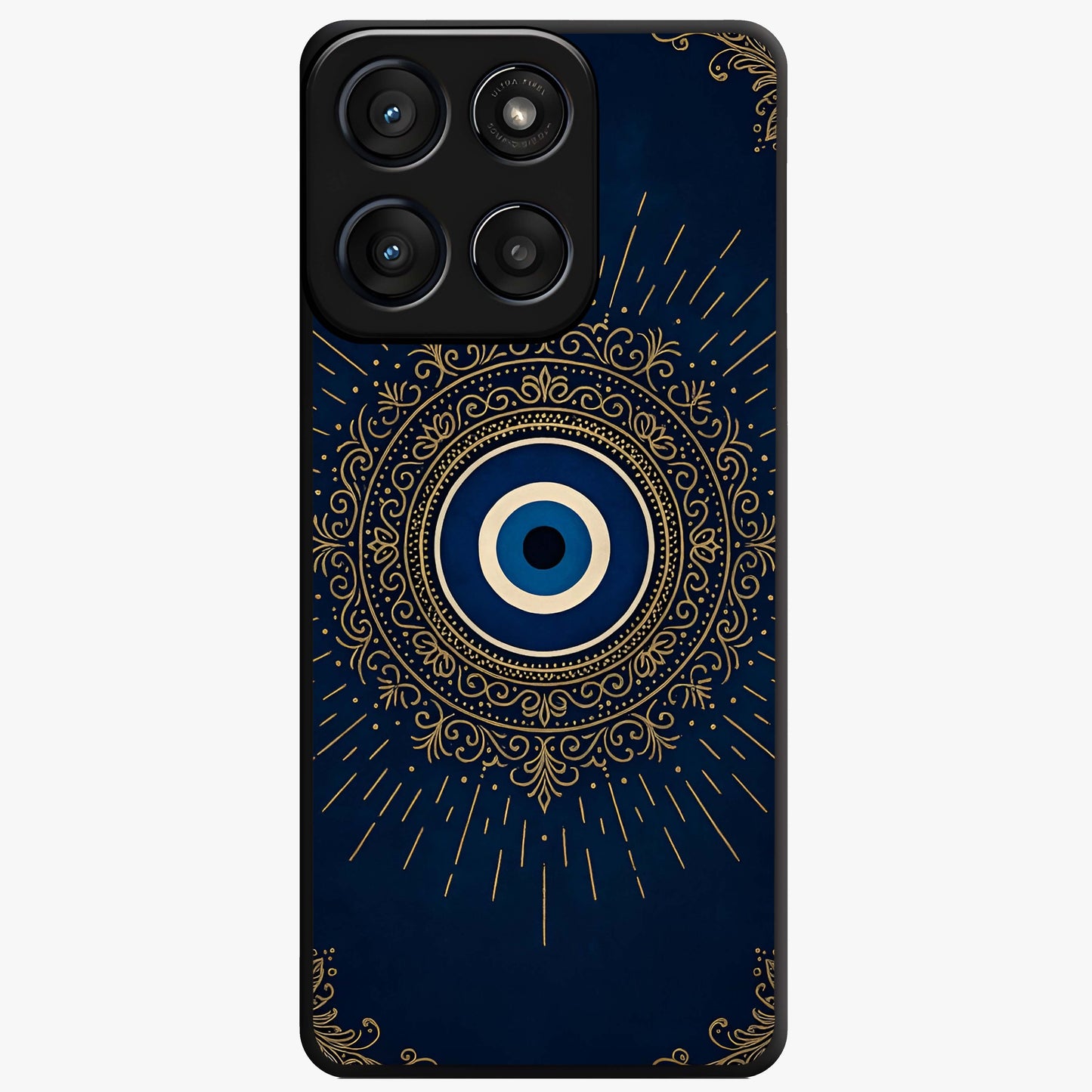 Golden Evil Eye Mandala Glass Case showing flat back view with intricate evil eye mandala artwork and glossy glass finish.