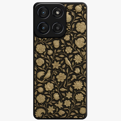 Golden Floral Majesty Glass Case showing flat back view with luxurious golden floral artwork and glossy glass finish.