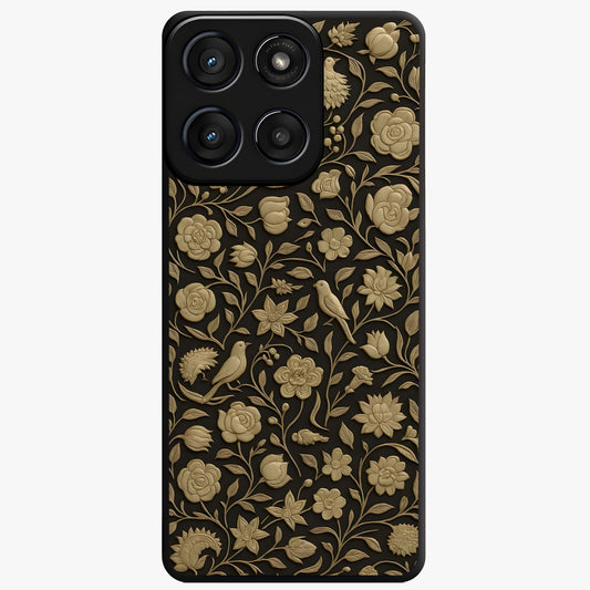 Golden Floral Majesty Glass Case showing flat back view with luxurious golden floral artwork and glossy glass finish.