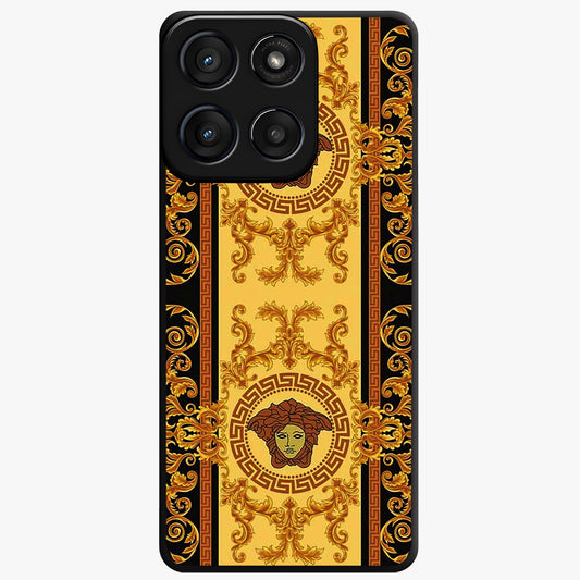 Golden Royal Heritage Glass Case showing flat back view with ornate royal pattern artwork and glossy glass finish.