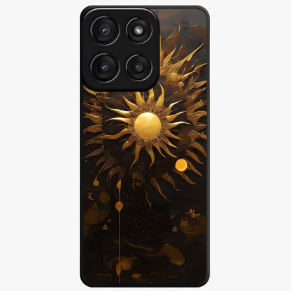 Golden Sun Majesty Glass Case showing flat back view with radiant golden sun artwork and glossy glass finish.