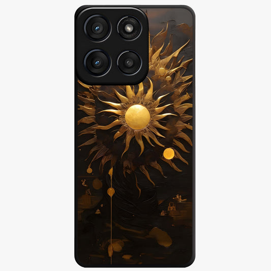 Golden Sun Majesty Glass Case showing flat back view with radiant golden sun artwork and glossy glass finish.