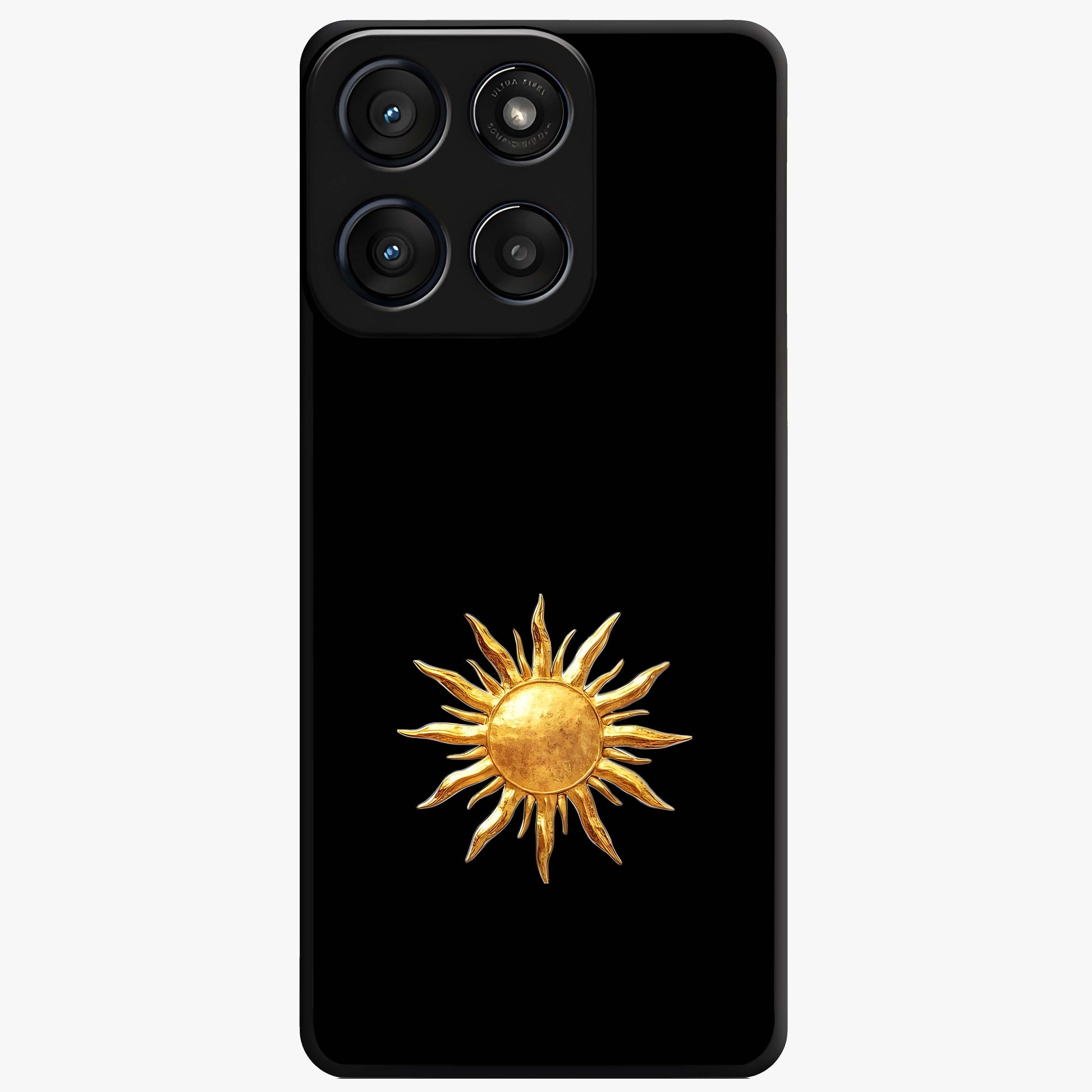 Golden Sun Minimalism Glass Case showing flat back view with minimal golden sun artwork and glossy glass finish.