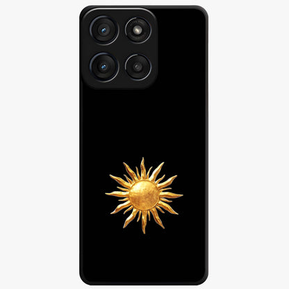 Golden Sun Minimalism Glass Case showing flat back view with minimal golden sun artwork and glossy glass finish.