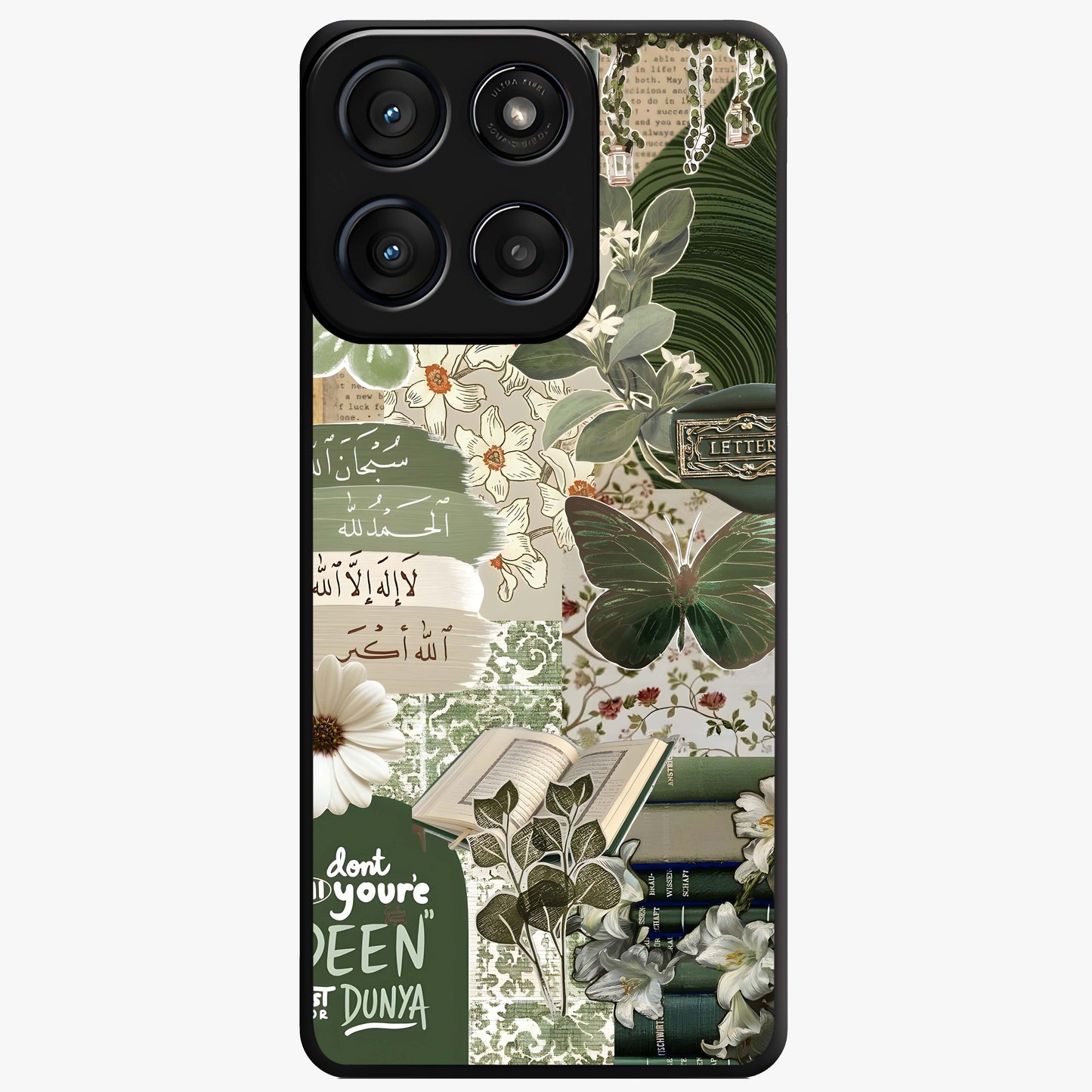 Green Islamic Books Quotes Glass Case showing flat back view with Islamic quotes and book themed artwork and glossy glass finish.