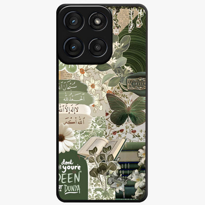Green Islamic Books Quotes Glass Case showing flat back view with Islamic quotes and book themed artwork and glossy glass finish.