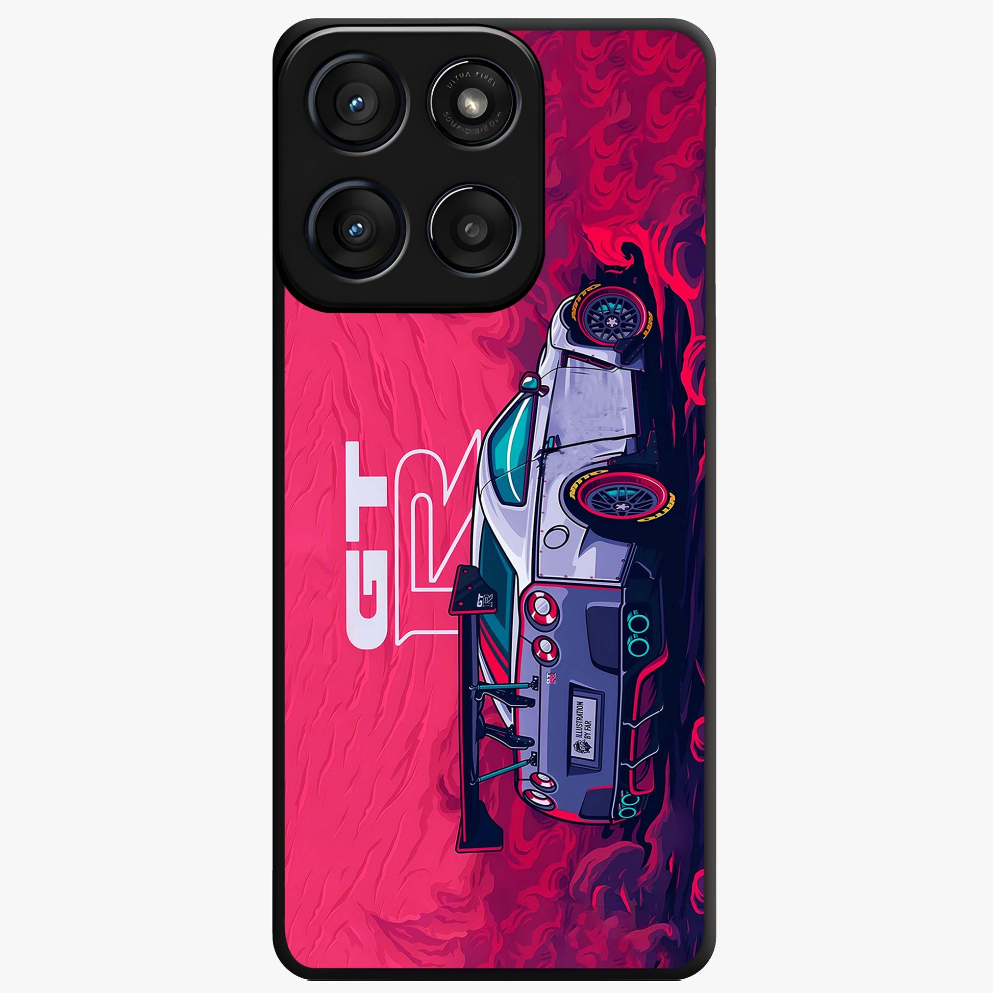GT-R Car Pattern Glass Case showing flat back view with sporty car inspired pattern artwork and glossy glass finish.