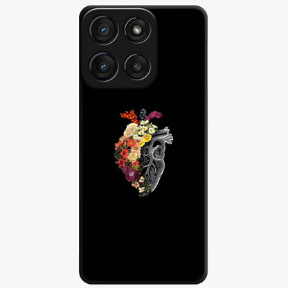 Heart With Flowers Glass Case showing flat back view with heart shaped floral artwork and glossy glass finish.