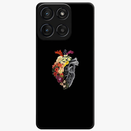 Heart With Flowers Glass Case showing flat back view with heart shaped floral artwork and glossy glass finish.