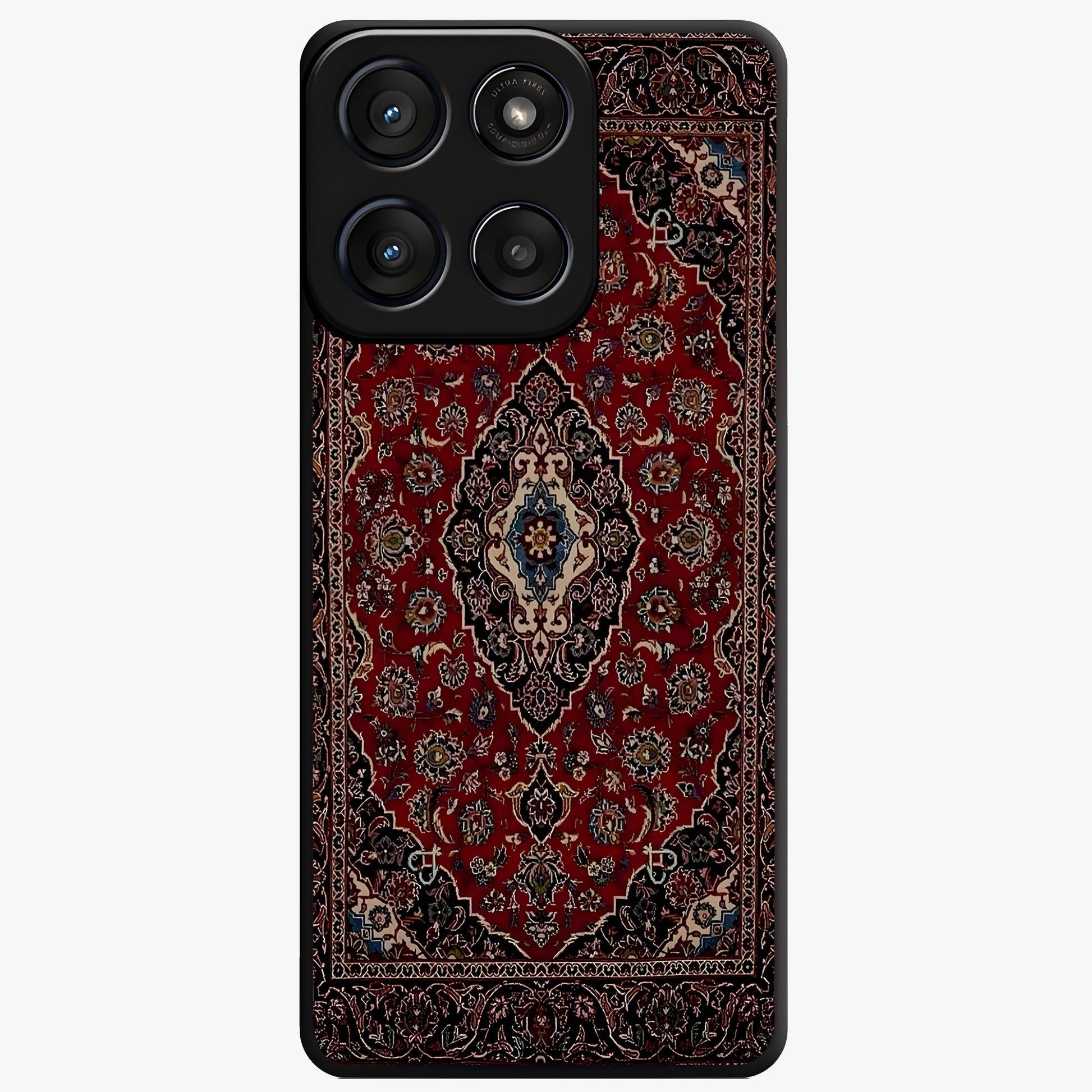 Heritage Carpet Royale Glass Case showing flat back view with ornate Persian carpet inspired pattern and glossy glass finish.