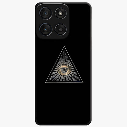 Illuminati Evil Glass Case showing flat back view with mysterious illuminati symbol artwork and glossy glass finish.