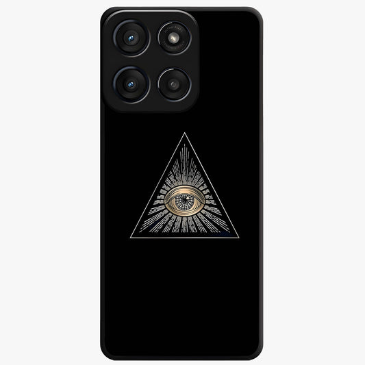 Illuminati Evil Glass Case showing flat back view with mysterious illuminati symbol artwork and glossy glass finish.