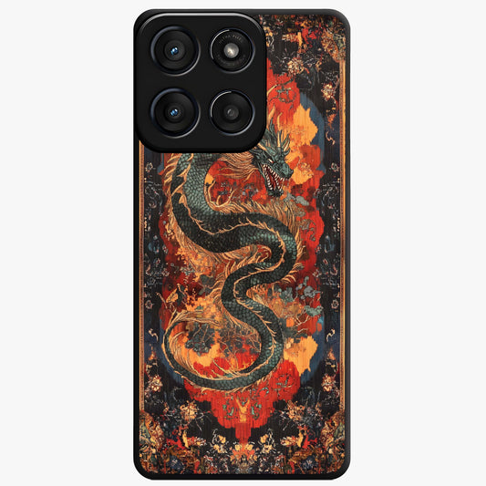 Inferno Dragon Soul Glass Case showing flat back view with fiery dragon artwork and glossy glass finish.