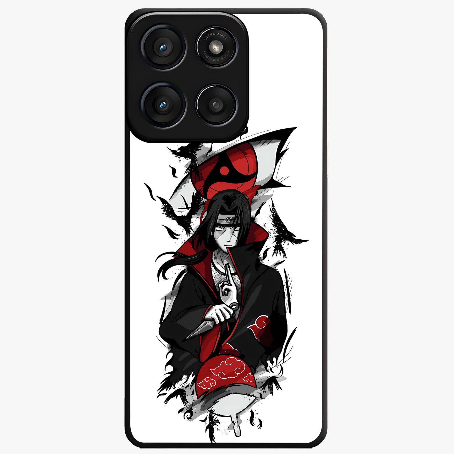 Itachi Sharingan Glass Case showing flat back view with powerful anime eye artwork and glossy glass finish.
