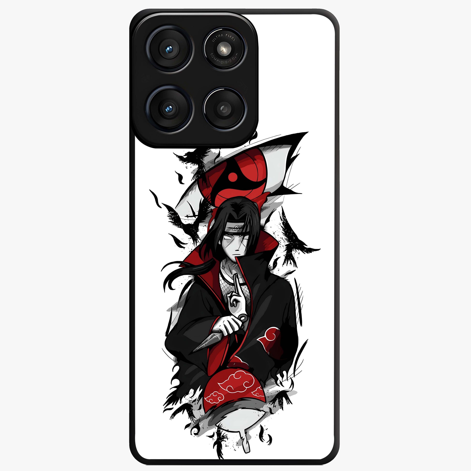Itachi Sharingan Glass Case showing flat back view with powerful anime eye artwork and glossy glass finish.