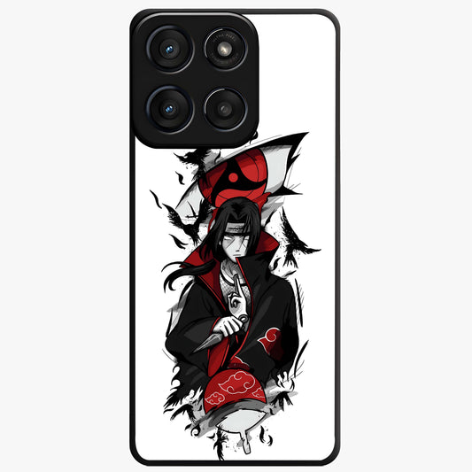 Itachi Sharingan Glass Case showing flat back view with powerful anime eye artwork and glossy glass finish.