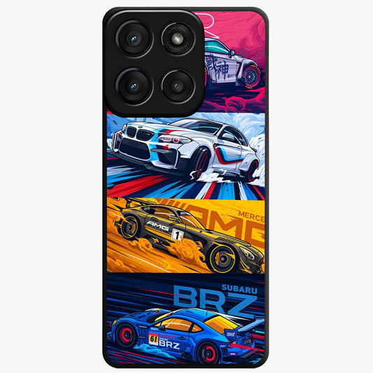 JDM Sports Car Glass Case showing flat back view with high performance sports car artwork and glossy glass finish.