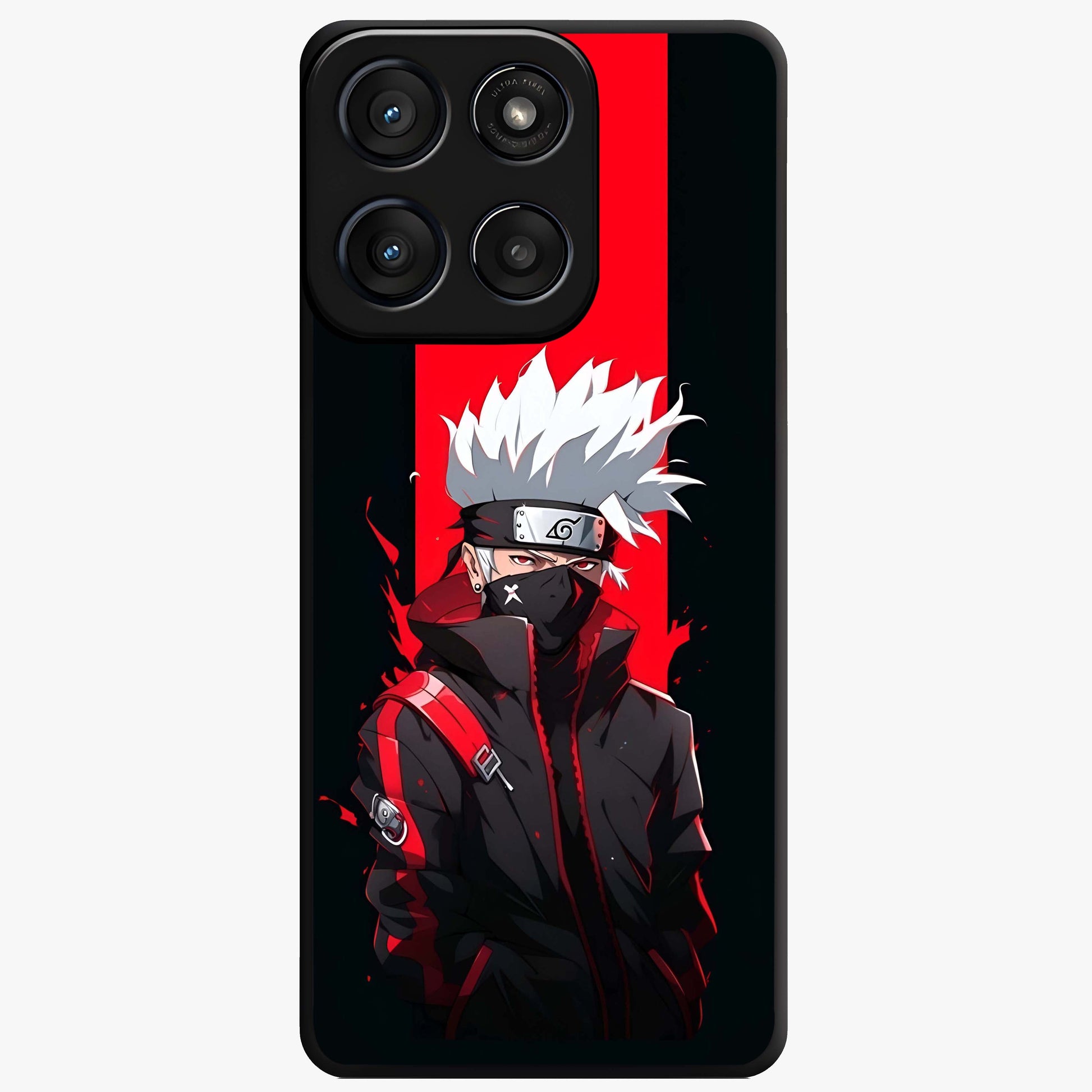 Kakashi Scarlet Shadow Glass Case showing flat back view with powerful anime ninja artwork and glossy glass finish.