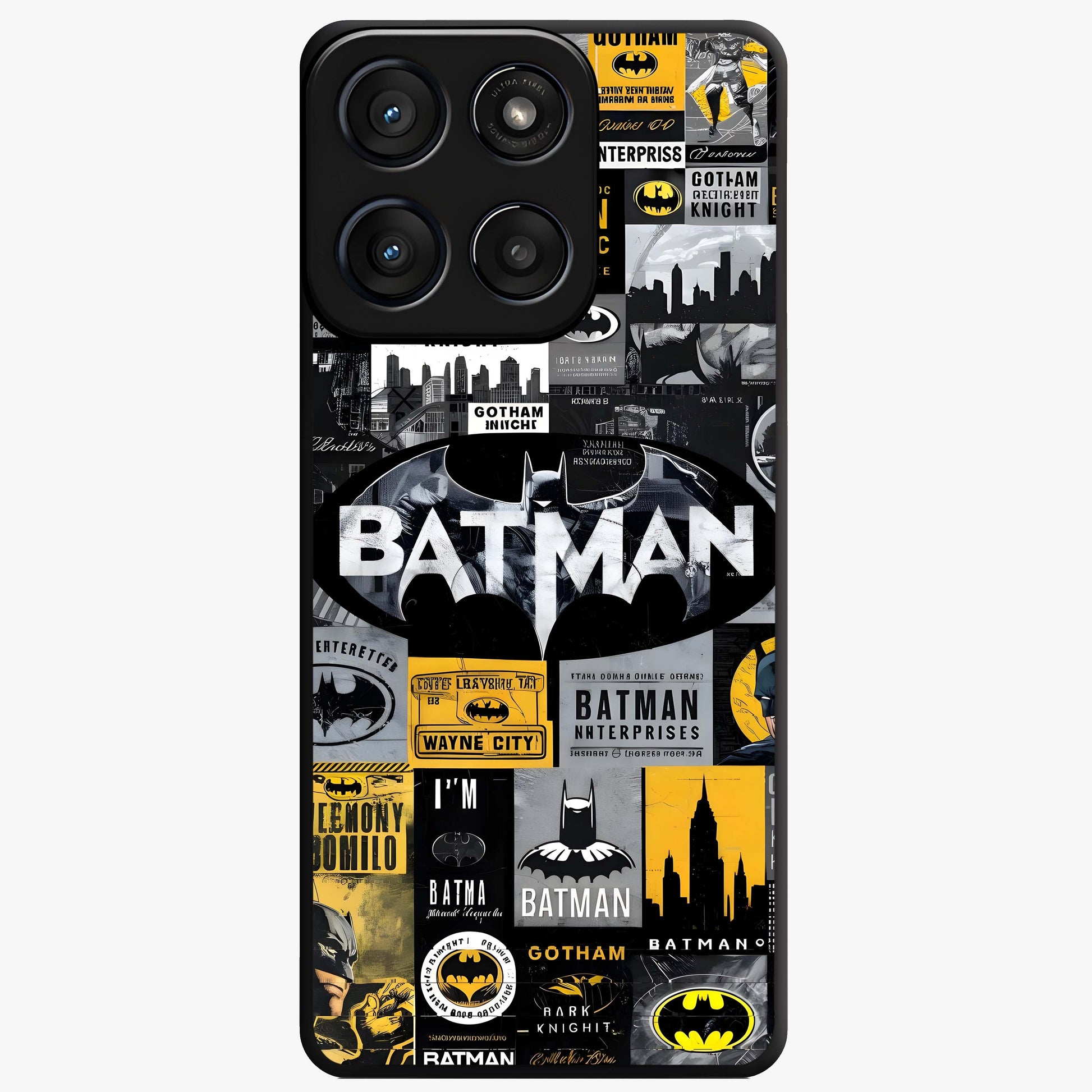 Knight Gotham Rise Glass Case showing flat back view with dark hero inspired artwork and glossy glass finish.