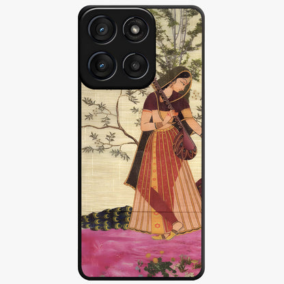 Lady With Veena Art Glass Case showing flat back view with elegant woman playing veena artwork and glossy glass finish.