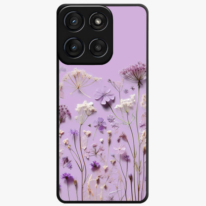 Lavender Blossom Dream Glass Case showing flat back view with soft lavender floral artwork and glossy glass finish.