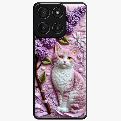 Lavender Cat Whimsy Glass Case showing flat back view with cute lavender cat artwork and glossy glass finish.