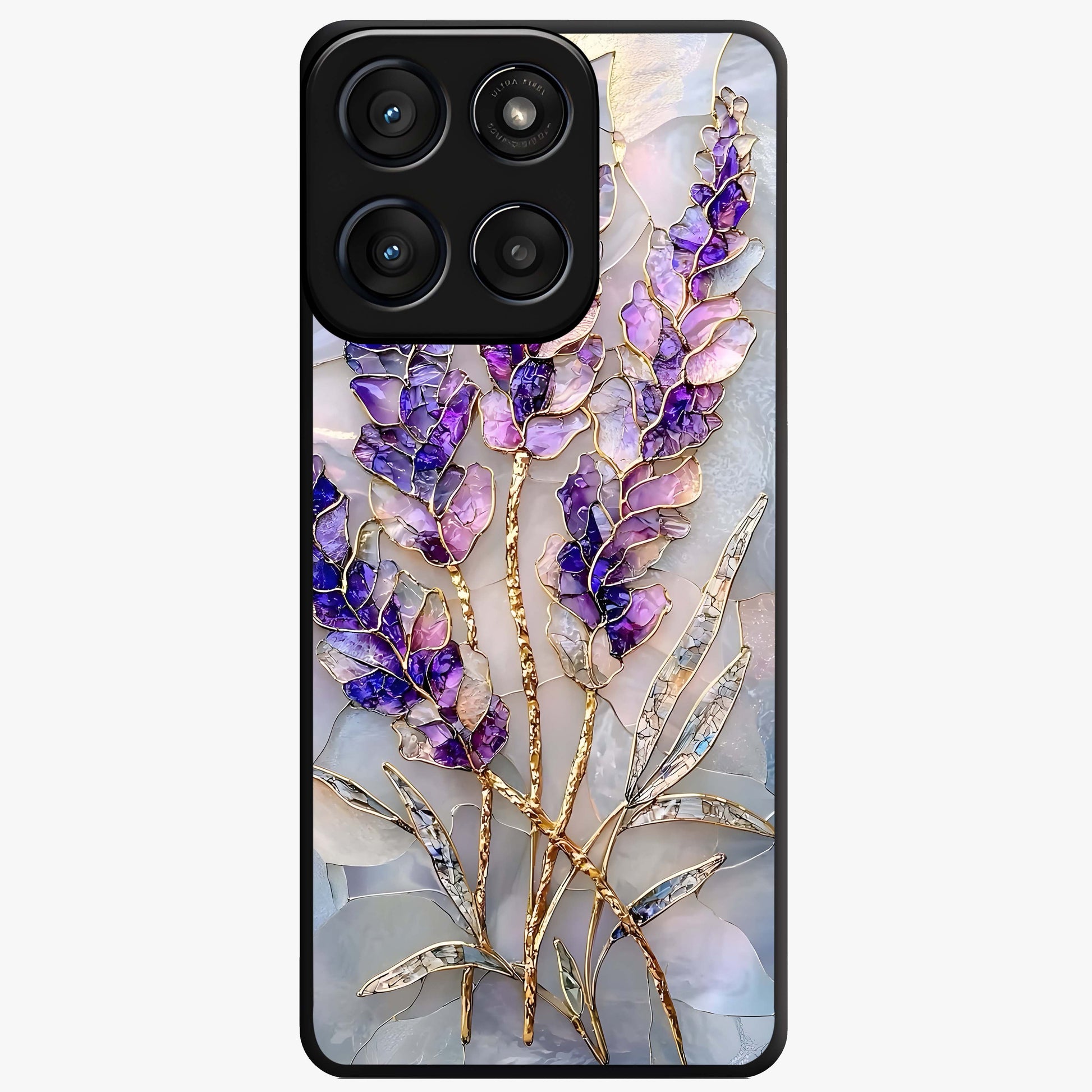 Lavender Dream Glow Glass Case showing flat back view with glowing lavender aesthetic artwork and glossy glass finish.